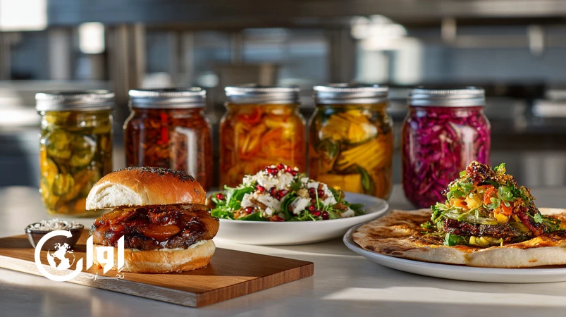 چاشنی‌ها و ترشی‌های ایرانی در کنار برگر سس انار، سالاد مدیترانه‌ای با سیرترشی و پیتزای فیوژن با ترشی بادمجان برای توسعه منوهای بین‌المللی