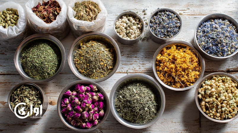 assortment of Iranian herbal teas with borage, mint, chamomile and rose prepared in export packaging for health and wellness markets