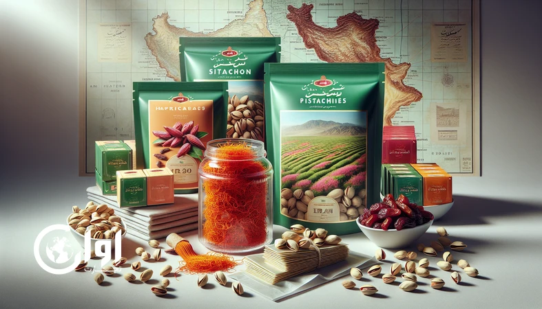 premium Iranian local ingredients like saffron, pistachio, dates and herbs in export packaging showing competitive advantage for global food brands