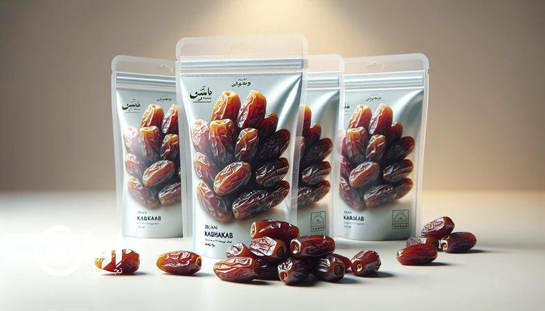 خرمای کبکاب خوزستان در پاکت وکیوم شفاف با چیدمان صادراتی روی پس‌زمینه روشن، مناسب برای صادرات خرده و عمده_اوان تجارت
