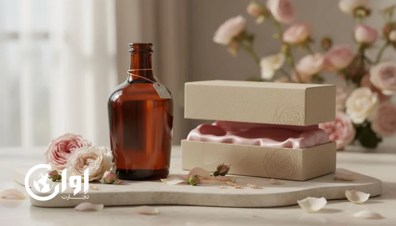 گلاب دو آتیشه کاشان با بسته بندی پریمیوم و کادویی در بطری شیشه‌ای تیره مناسب صادرات و بازارهای لوکس
