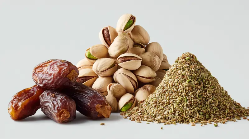 عکس روی پس‌زمینه سفید تمیز، شامل سه محصول شاخص کرمان در یک چیدمان مثلثی متعادل: • مقدار کمی پسته خندان کرمان (پریمیوم) • یک گروه کوچک خرمای مضافتی یا ربی • یک توده کوچک زیره سبز کرمان