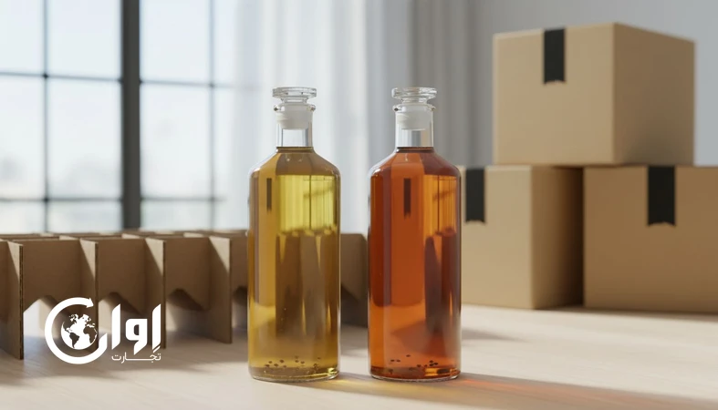 عرق خارشتر صادراتی در بطری شیشه ای شفاف و کهربایی روی میز بسته بندی با کارتن های صادراتی
