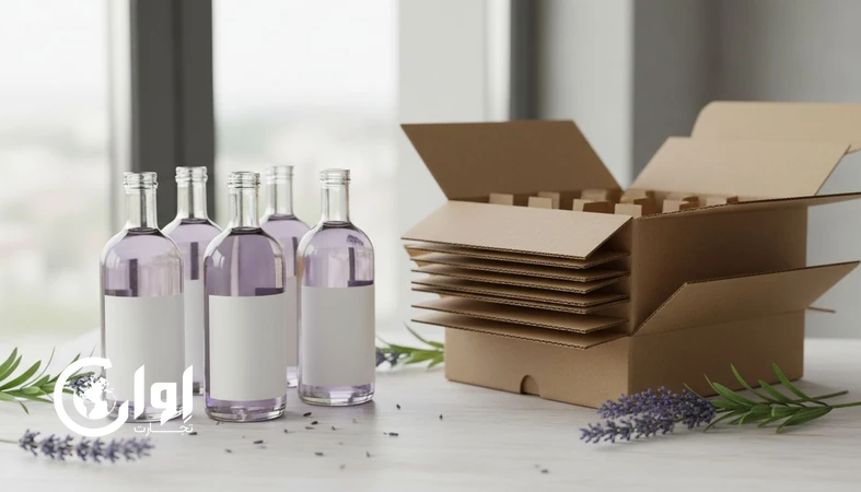 بطری‌های شیشه‌ای عرق اسطوخودوس با بسته‌بندی صادراتی روی میز کار، مناسب تامین B2B و خرده‌فروشی