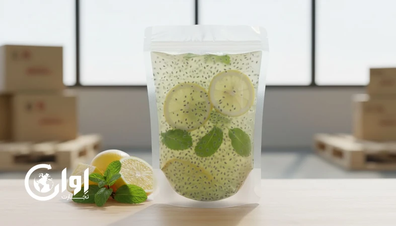 نوشیدنی تخم شربتی لیمو نعنا در بسته بندی پاکت وکیوم برای صادرات با نمایش دانه‌های یکنواخت و عناصر لیمو و نعنا