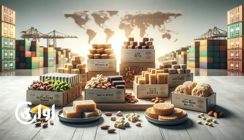 نمایی از شیرینی‌های کم‌شکر و سالم ایرانی بر پایه خرما، مغزها و غلات کامل در بسته‌بندی صادراتی، مرتبط با ترند جهانی شیرینی‌های سالم