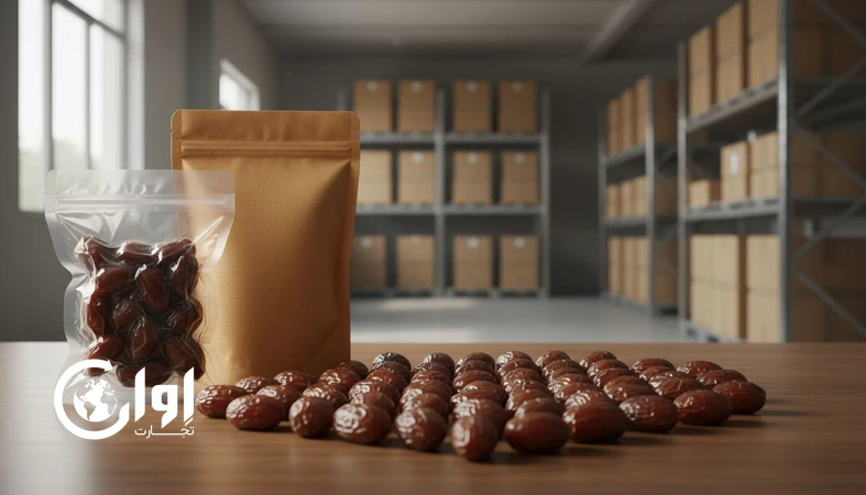 خرمای مضافتی کرمان وکیوم در بسته‌بندی پاکتی صادراتی با نمایش پاکت وکیوم و مسترکارتن