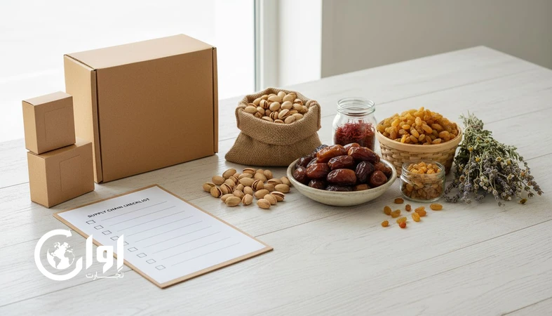 چیدمان محصولات ارگانیک صادراتی ایران مانند پسته، خرما، کشمش و زعفران کنار بسته‌بندی صادراتی و نماد ردیابی زنجیره تأمین در بازار پریمیوم_اوان تجارت