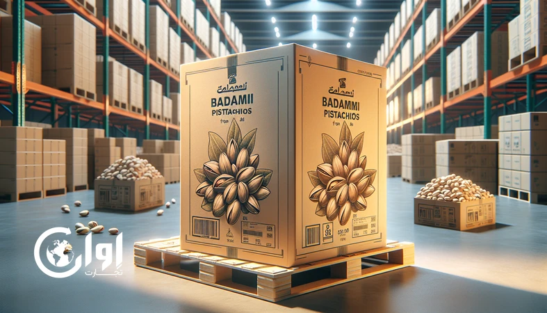 پسته بادامی زرند بسته‌بندی‌شده در کارتن مقوایی صادراتی روی پالت در انبار آماده صادرات پسته بادامی ایران_اوان تجارت