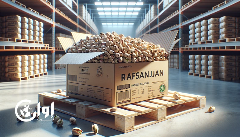 پسته فندقی رفسنجان در کارتن مقوایی صادراتی روی پالت با لاینر داخلی، آماده حمل برای بازارهای بین‌المللی_اوان تجارت