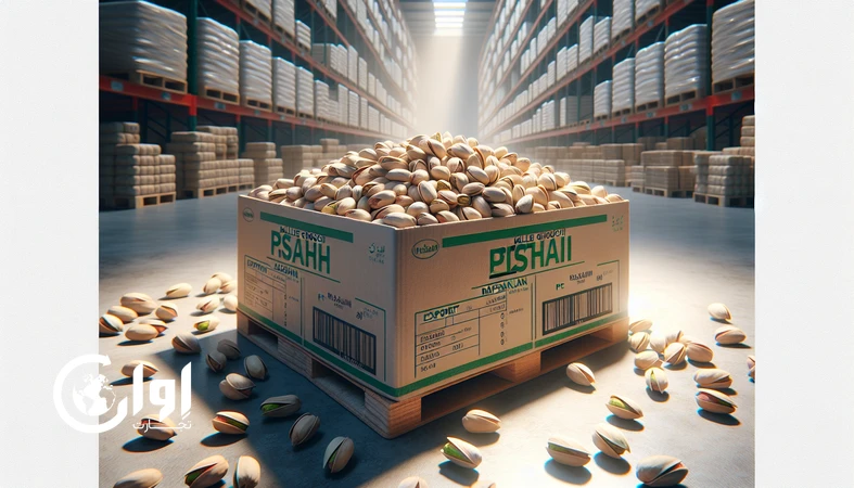 پسته کله‌قوچی رفسنجان در جعبه مقوایی صادراتی روی پالت، مناسب صادرات B2B و خرید عمده پسته ایرانی_اوان تجارت