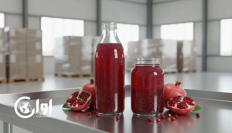 نوشیدنی تخم شربتی انار در بسته بندی بطری و شیشه روی میز کنترل کیفیت برای صادرات