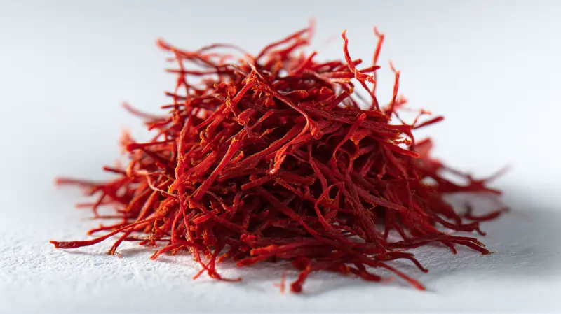 تصویری از نمای نزدیک رشته های سرخ و قرمز زعفران نگین. محصول اوان تجارت