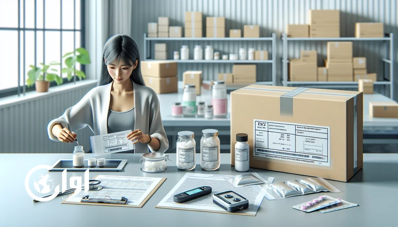 آماده‌سازی بسته ارسال نمونه محصول برای صادرات با بسته‌بندی تمپر ایویدنت، برچسب نمونه، مدارک COA و دیتالاگر دما