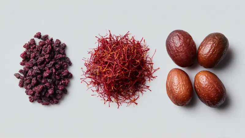 تصویری از محصولات صادراتی قائنات، زرشک و عناب و زعفران و....