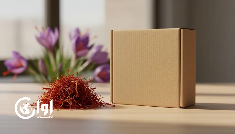 زعفران پوشال قائنات با بسته‌بندی کارتن مقوایی برای صادرات و خرید عمده_اوان تجارت