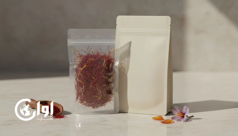تصویر زعفران پوشال قائنات با بسته‌بندی وکیوم داخل پاکت صادراتی؛ مناسب خرید عمده و صادرات زعفران پوشال با ماندگاری بالا