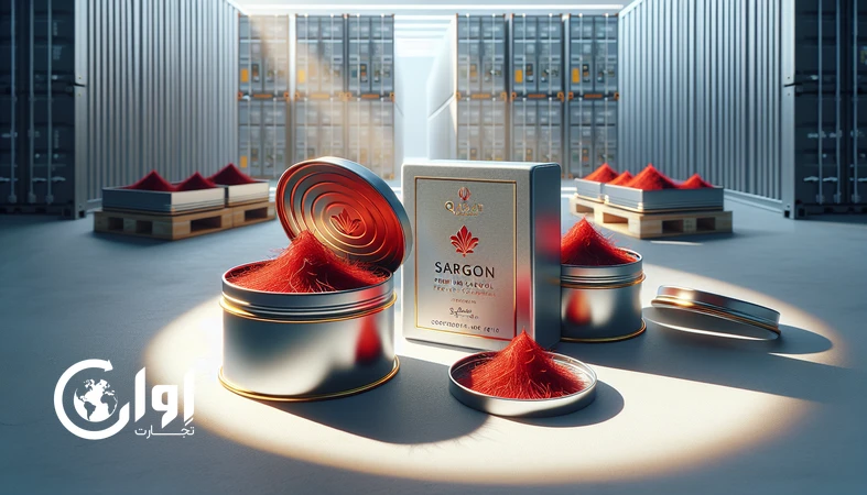 بسته‌بندی قوطی و کنسروی زعفران سرگل قائنات برای صادرات، نمایش رشته‌های قرمز زعفران در قوطی فلزی با پس‌زمینه حرفه‌ای صادراتی
