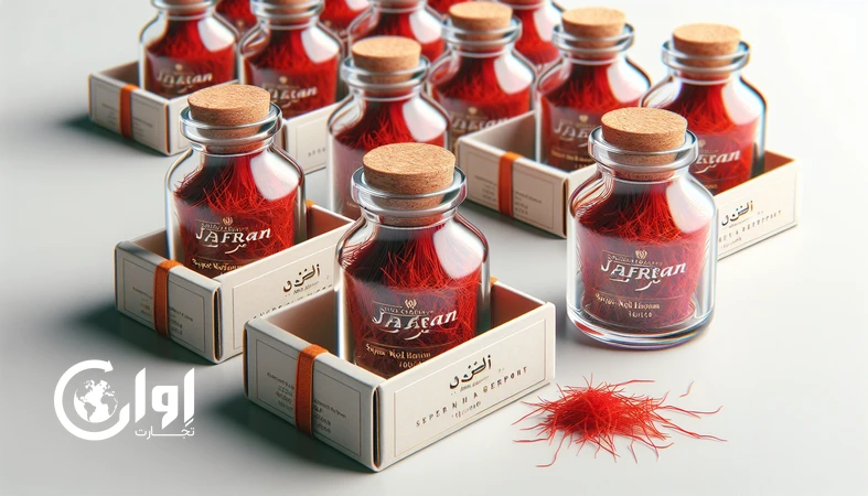 بسته‌بندی زعفران سوپر نگین قائنات در بطری شیشه‌ای پریمیوم برای صادرات و برندهای خصوصی