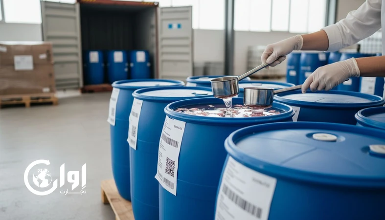 کنترل کیفیت گلاب قمصر کاشان فله قبل از بارگیری درام و بشکه برای صادرات عمده