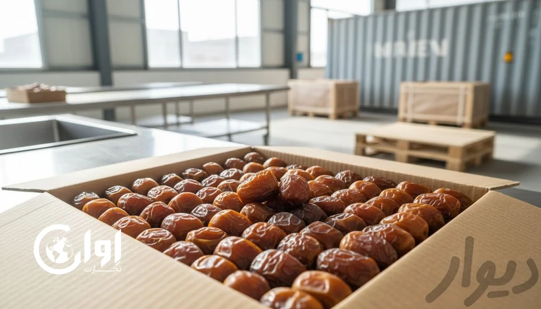 خرمای ربی هرمزگان با بسته‌بندی کارتن مقوایی برای صادرات و چیدمان پالت_اوان تجارت