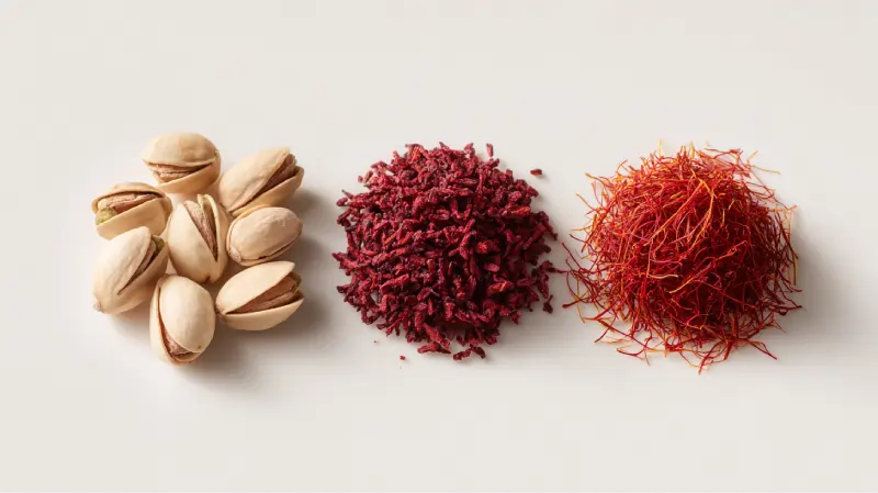 عکس روی پس‌زمینه سفید تمیز، شامل یک ترکیب متعادل از پسته خندان زرند، مقدار کمی رشته‌های زعفران و یک توده کوچک از زرشک خشک دانه‌درشت.