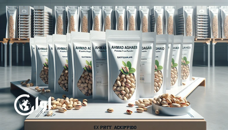 پسته احمد آقایی رفسنجان در بسته‌بندی پاکت و وکیوم صادراتی روی میز بسته‌بندی، مناسب برای خرید عمده و صادرات_اوان تجارت