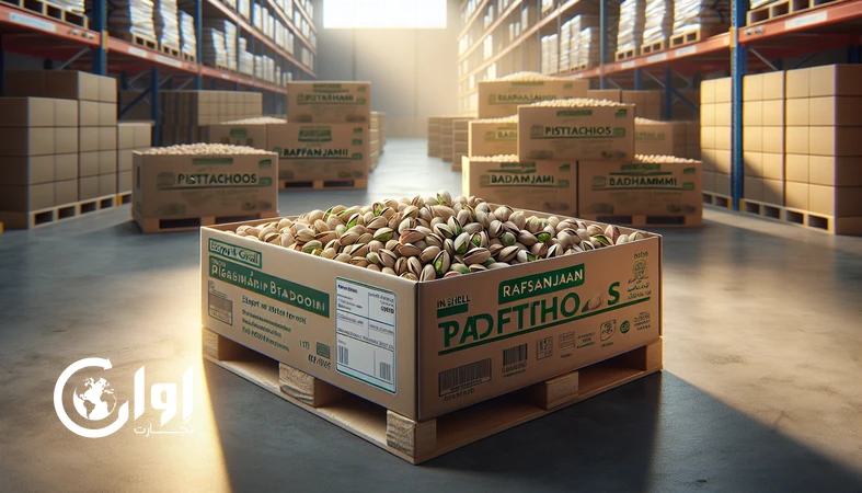 پسته بادامی رفسنجان در پوسته، بسته‌بندی‌شده در کارتن مقوایی صادراتی روی پالت، مناسب تأمین و صادرات B2B
