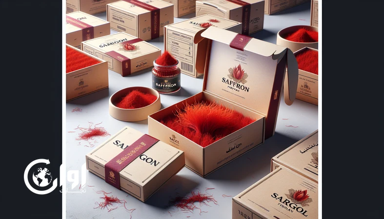 بسته‌بندی زعفران سرگل قائنات در جعبه مقوایی صادراتی مناسب قفسه فروش و هدیه سازمانی با رشته‌های قرمز زعفران ایرانی