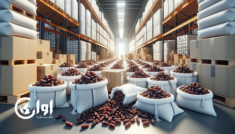 خرمای سایر خوزستان در کیسه و گونی فله روی پالت در انبار صادراتی، مناسب خرید عمده و بارگیری کانتینری خرما