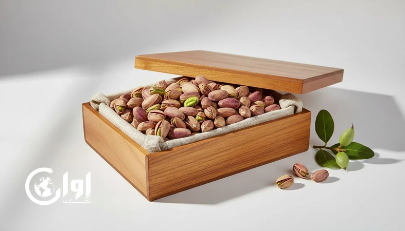 پسته اکبری سیرجان در جعبه چوبی صادراتی با ظاهر پریمیوم برای خرید عمده و صادرات B2B