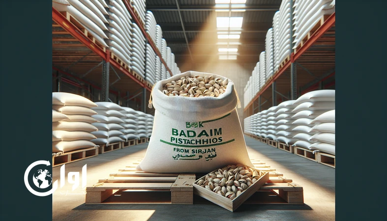 پسته بادامی سیرجان در کیسه و گونی فله پلی‌پروپیلن روی پالت، آماده صادرات عمده برای خریداران B2B