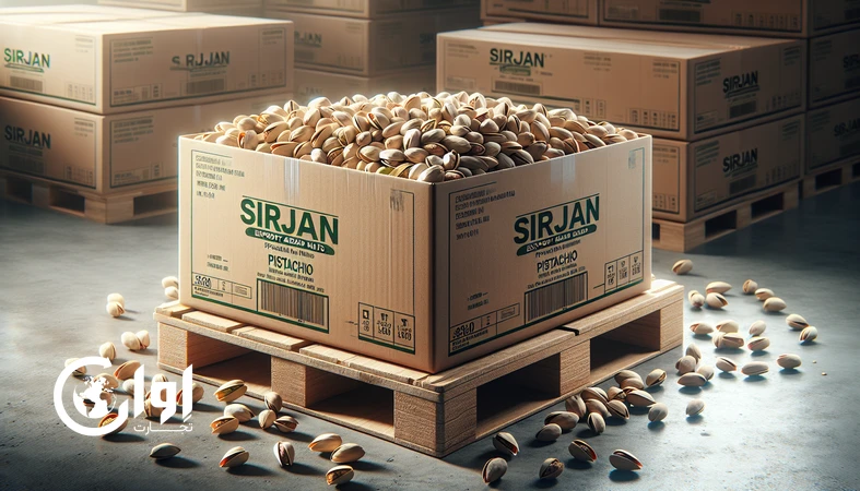 پسته بادامی سیرجان در کارتن مقوایی صادراتی روی پالت در انبار، مناسب خرید عمده و صادرات B2B_اوان تجارت