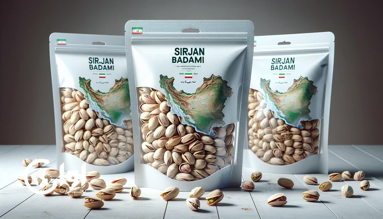 بسته‌بندی پاکت و وکیوم پسته بادامی سیرجان صادراتی با ماندگاری بالا روی سطح چوبی برای بازارهای بین‌المللی