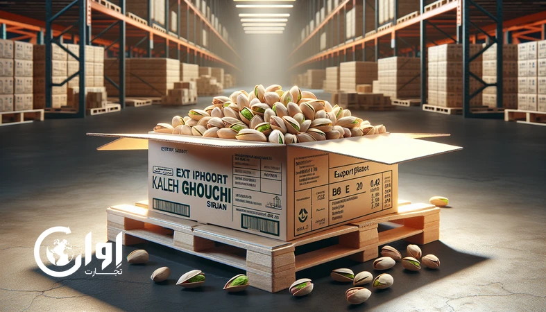 پسته کله‌قوچی سیرجان صادراتی در جعبه مقوایی روی پالت، مناسب خرید عمده و بسته‌بندی کارتنی پسته صادراتی_اوان تجارت