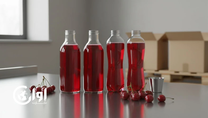 شربت آلبالو بسته بندی بطری و شیشه روی میز کنترل کیفیت برای صادرات B2B
