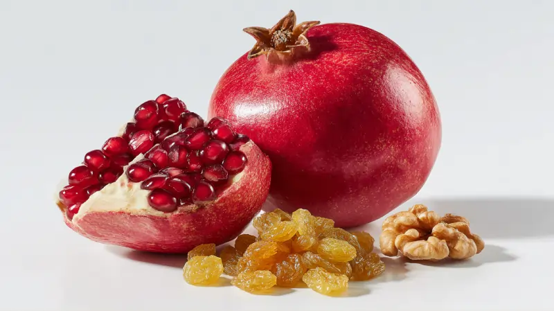 عکس روی پس‌زمینه سفید، شامل سه محصول شاخص تفت • یک انار تفت با رنگ قرمز عمیق (یک عدد سالم + یک عدد نیمه‌باز با دانه‌های براق)، • مقدار کمی کشمش باکیفیت تفت (طلایی یا قهوه‌ای)، • چند مغز گردو با بافت طبیعی.