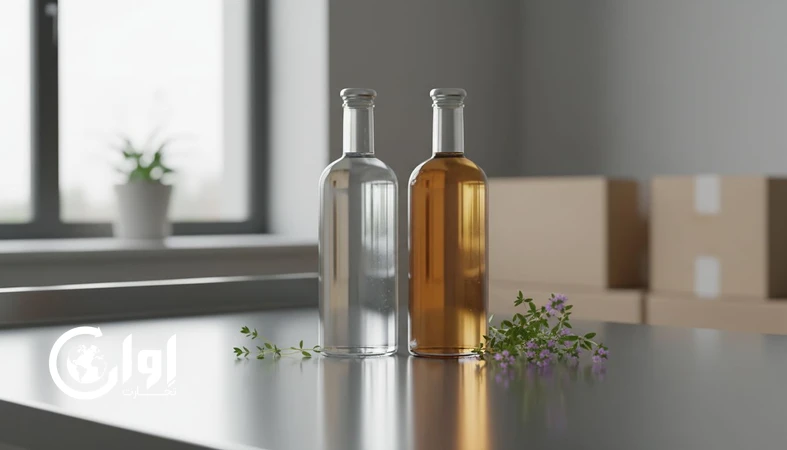 بطری شیشه‌ای شفاف و کهربایی عرق آویشن روی میز کنترل کیفیت برای بسته‌بندی صادراتی