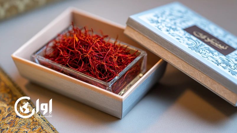 زعفران نگین پریمیوم تربت حیدریه با بسته‌بندی کادویی صادراتی مناسب بازار لوکس و پرایوت‌لیبل_اوان تجارت