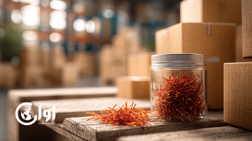 زعفران پوشال تربت‌حیدریه در کنار بسته‌بندی کارتن مقوایی صادراتی روی پالت، مناسب خرید عمده و ارسال بین‌المللی