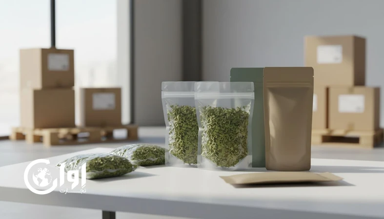 تصویر شنبلیله خشک در بسته‌بندی پاکتی و وکیوم مناسب صادرات و تامین B2B با نمایی از برگ‌های خشک و بافت طبیعی_اوان تجارت