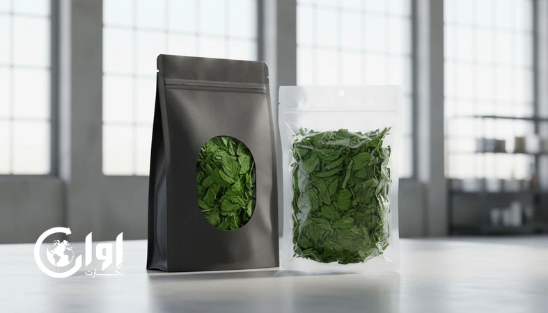 نعناع خشک صادراتی در بسته‌بندی پاکت و وکیوم با رنگ سبز و کیفیت بالا