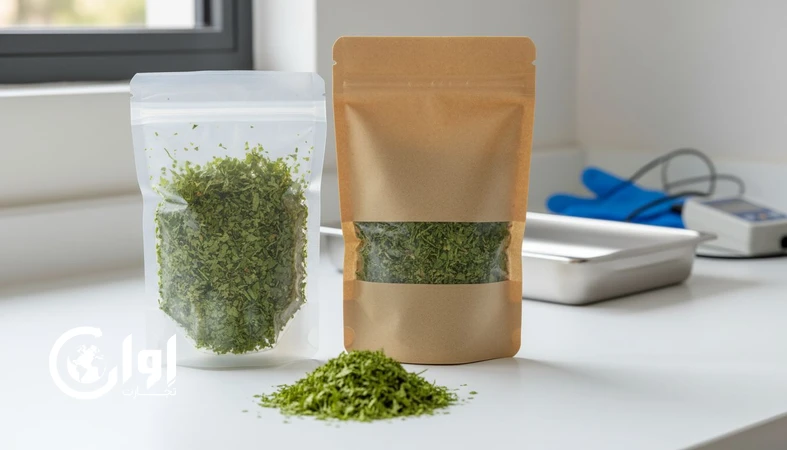 جعفری خشک صادراتی در بسته‌بندی پاکت و وکیوم با برگ‌های سبز و یکنواخت برای خرید عمده و صادرات