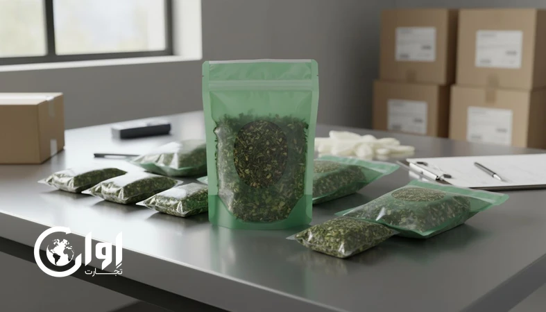 بسته‌بندی پاکت و وکیوم سبزی خشک کوکو برای خرید عمده و صادرات با تمرکز بر کنترل کیفیت