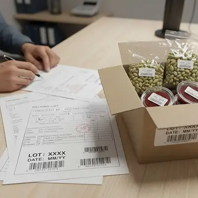 EvanTrade export documentation and lot traceability setup for Australia, showing packaged Iranian agri-food samples with compliant labeling prepared for Australian import clearance