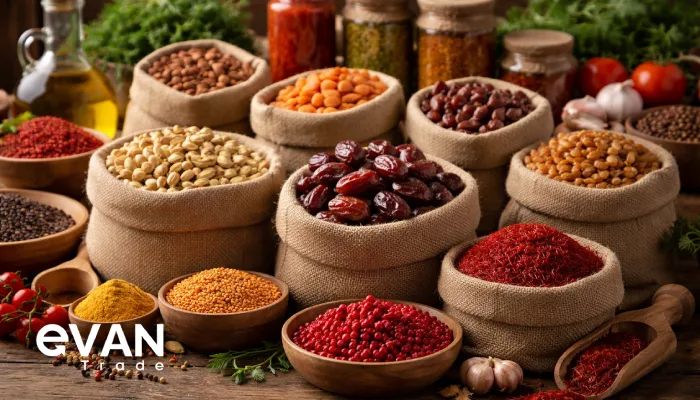 Landscape photo of bulk Iranian food products—sacks of dates and pistachios with saffron, spices, and jars—illustrating export bulk pricing and real cost drivers.