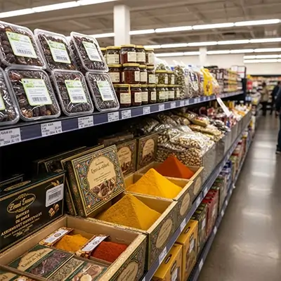 Retail shelf with packaged nuts, spices and dried fruits supplied by EvanTrade for compliant distribution in Canada.