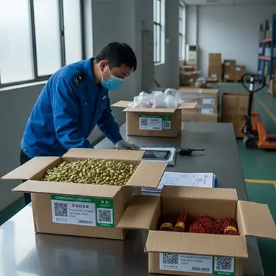 EvanTrade quality control packing station preparing Iranian pistachios and saffron for export to China, with compliant carton labels, lot traceability, and pre-shipment inspection