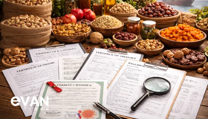Export document set for Iranian food imports—commercial invoice, certificate of origin, and certificate of analysis—on a desk with Iranian nuts and dried fruits.