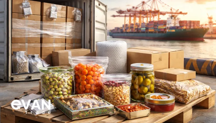 Export packaging for Iranian foods on a pallet beside an open shipping container at a sea port, showing protected cartons and packaged nuts, dried fruits, and jars ready for sea freight.